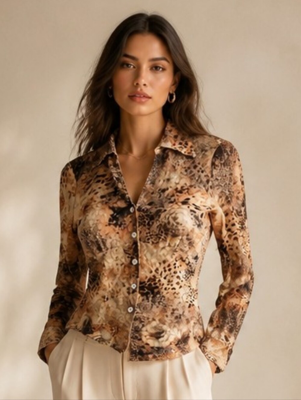 Vintage Y2K Karen Kane Brown Lace Top Floral Animal Print Sheer Stretch Sz SP